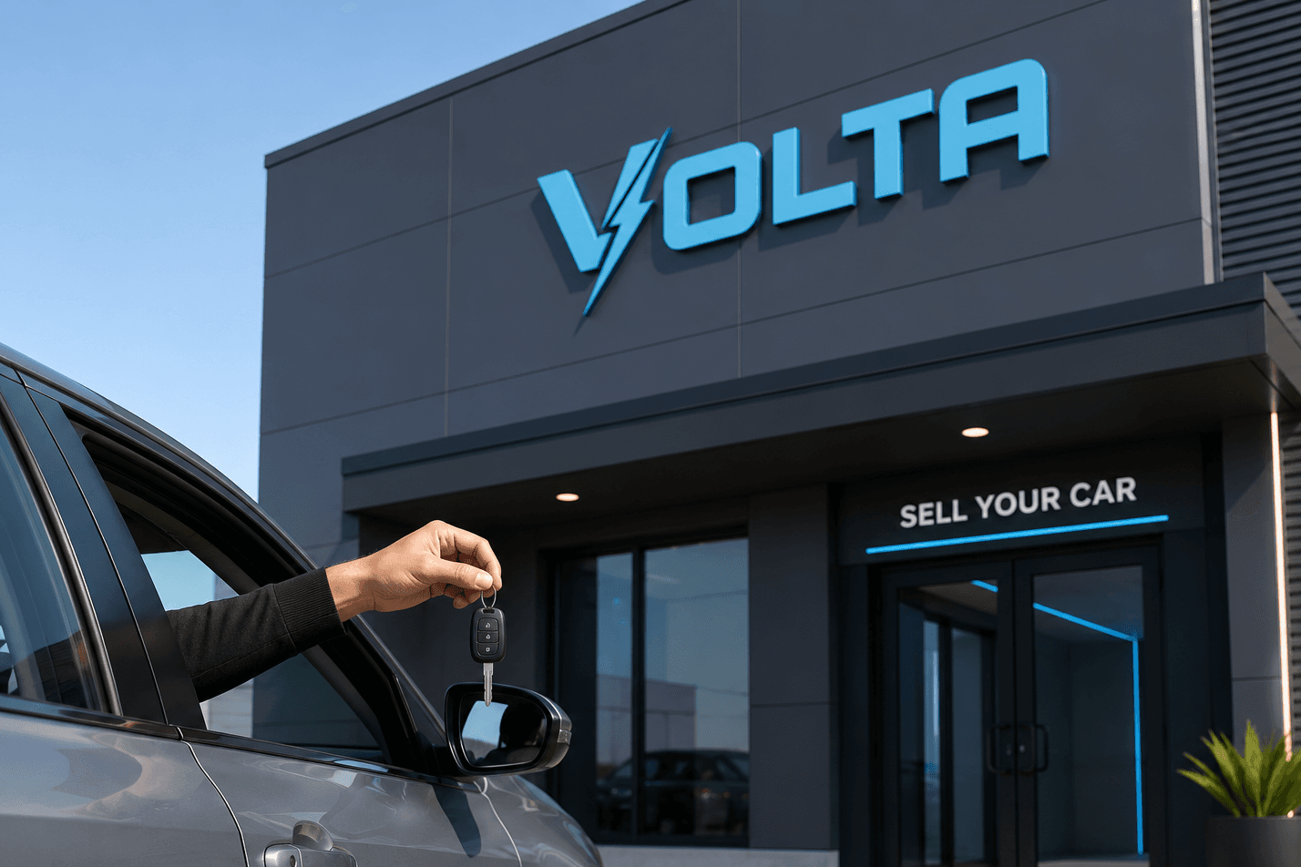 A customer hands over their keys at a Volta storefront